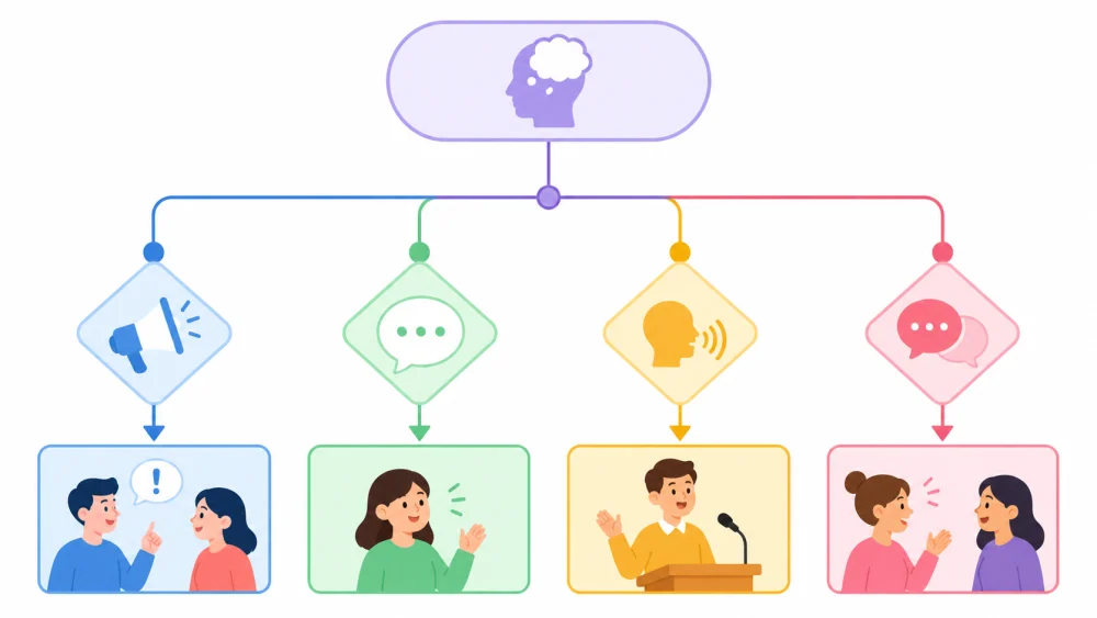 顯示何時使用 tell、say、speak 或 talk 的決策樹