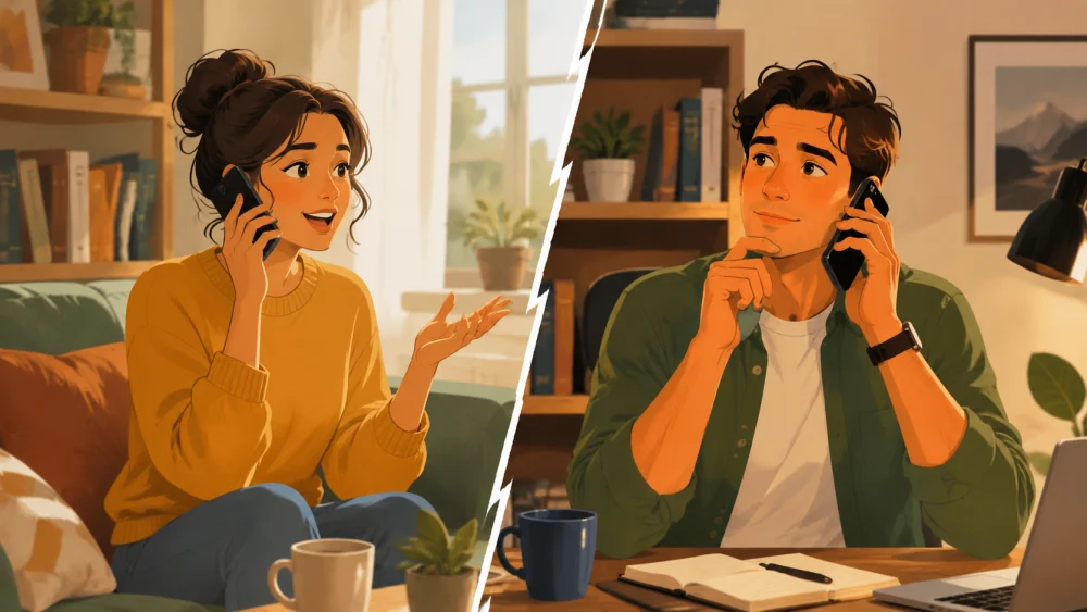 兩個人在電話中練習如何 tell a story